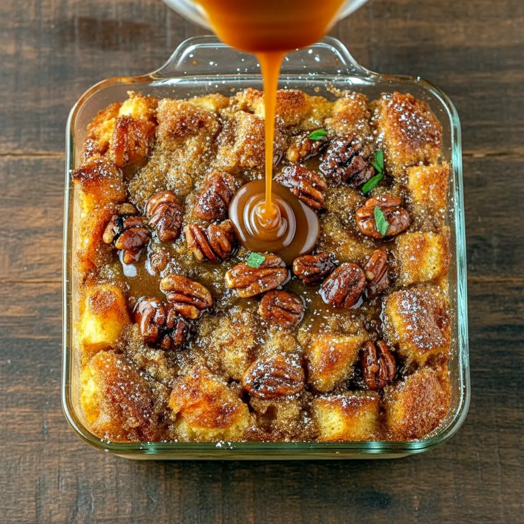 Warm, gooey bread pudding infused with bourbon and pecans, drizzled in rich sauce and served fresh from the oven for the ultimate comforting dessert moment.
