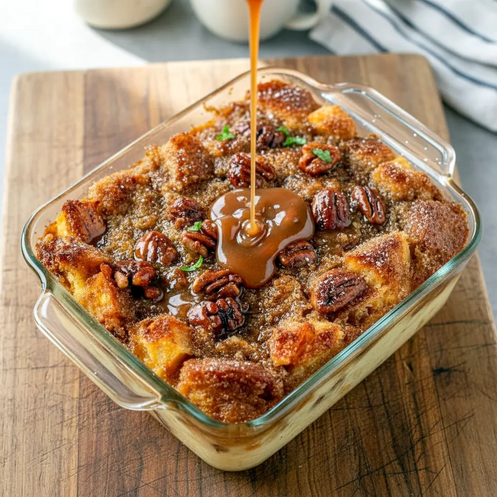 Warm, gooey bread pudding infused with bourbon and pecans, drizzled in rich sauce and served fresh from the oven for the ultimate comforting dessert moment.