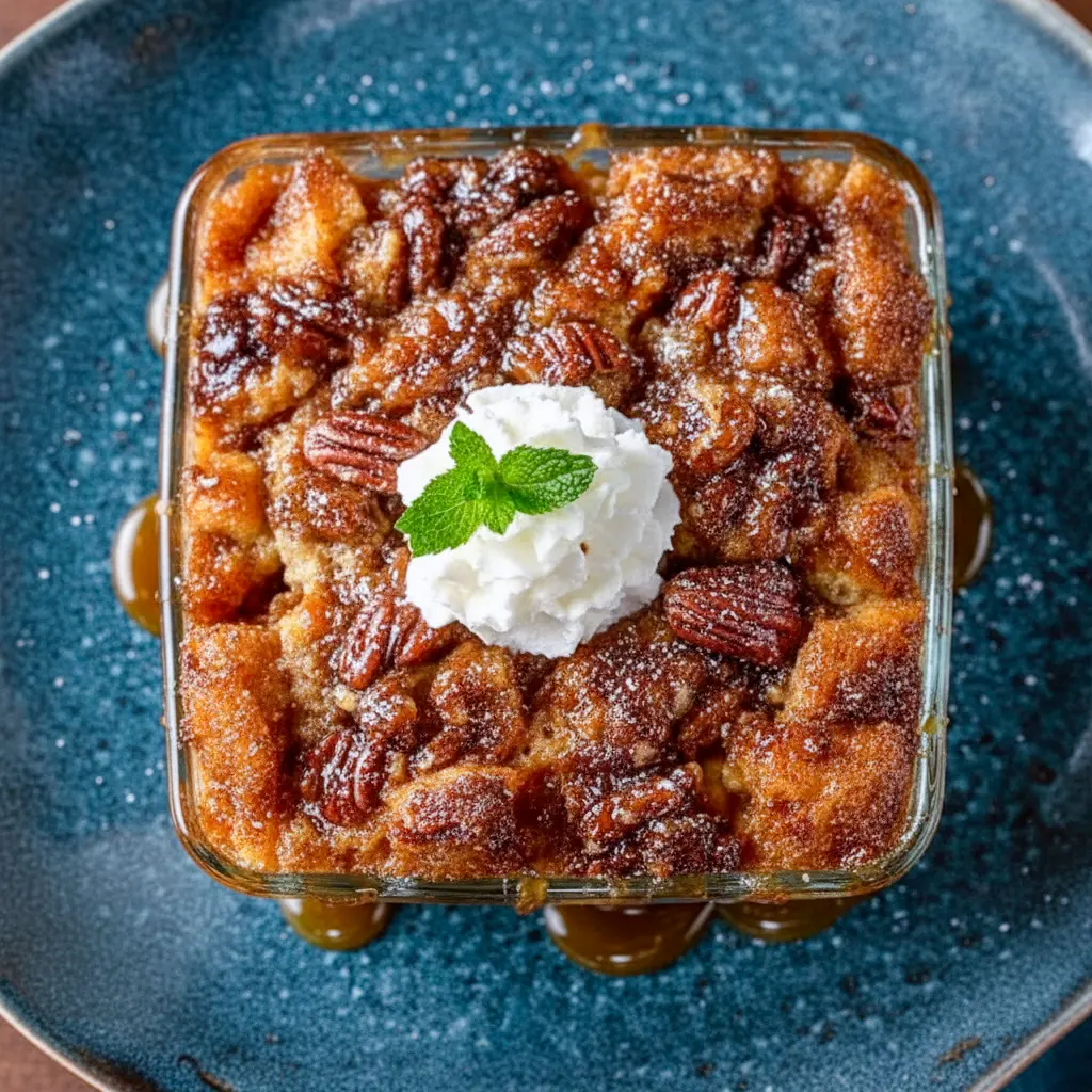 Warm, gooey bread pudding infused with bourbon and pecans, drizzled in rich sauce and served fresh from the oven for the ultimate comforting dessert moment.