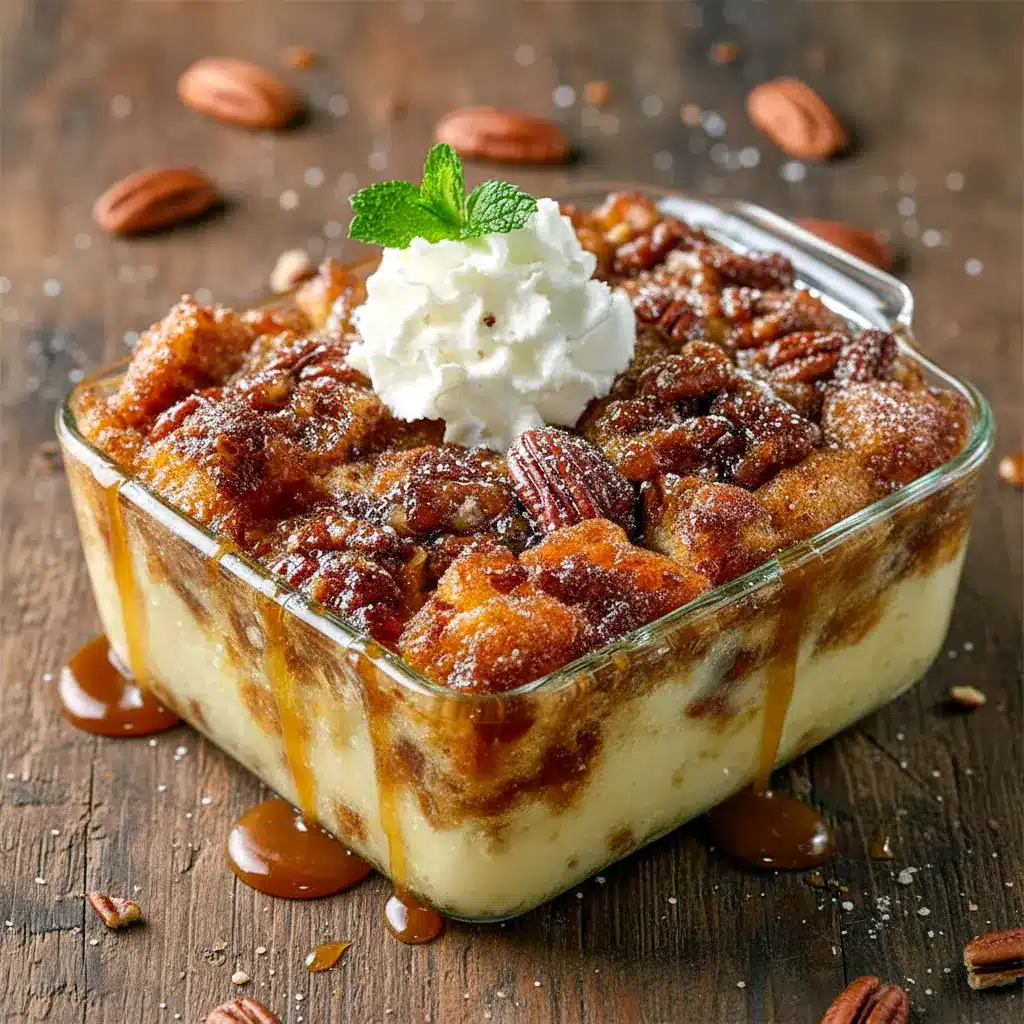 Warm, gooey bread pudding infused with bourbon and pecans, drizzled in rich sauce and served fresh from the oven for the ultimate comforting dessert moment.