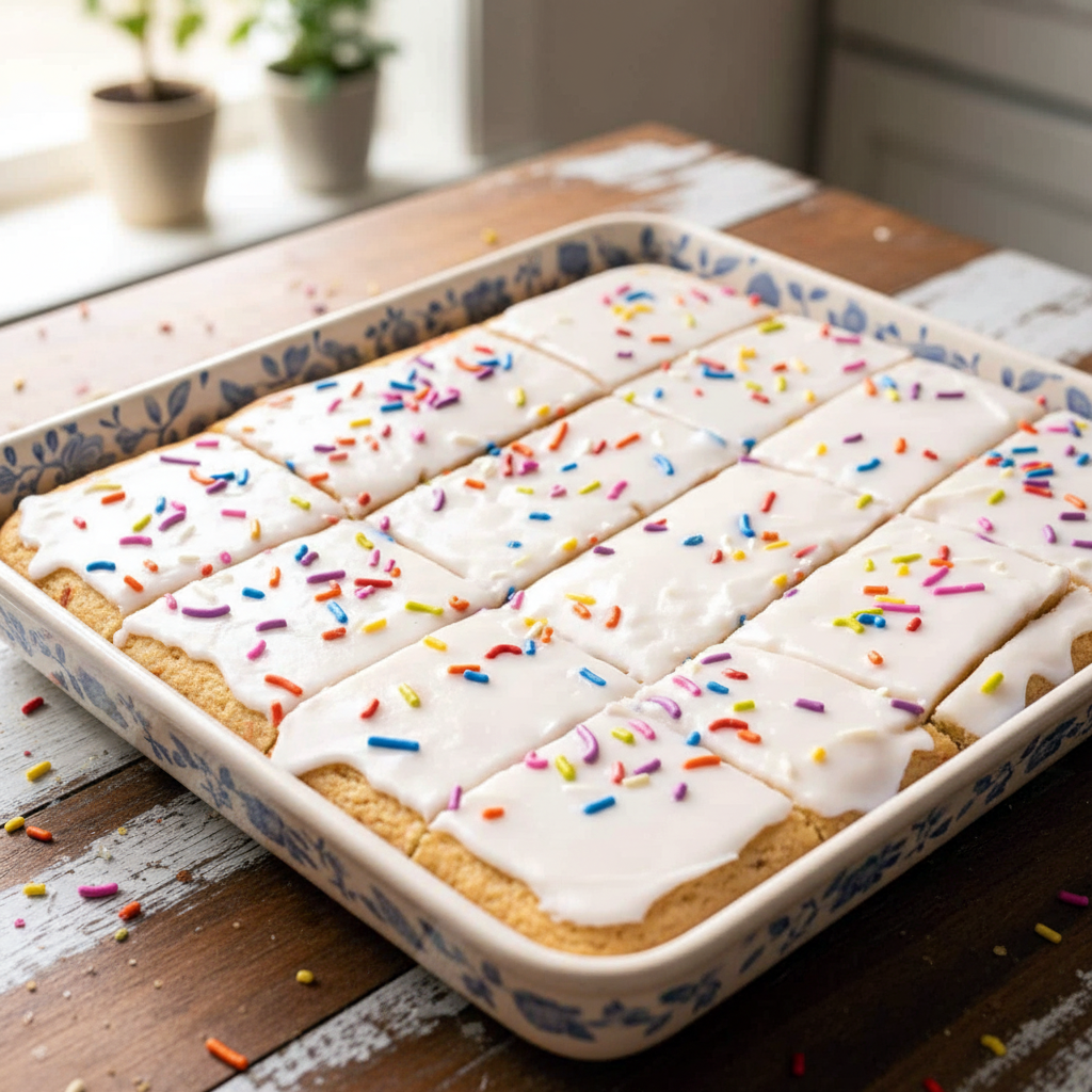 Golden Pop Tart cookie bars stacked with colorful frosting drizzle and sprinkles, styled as an irresistible dessert centerpiece.
