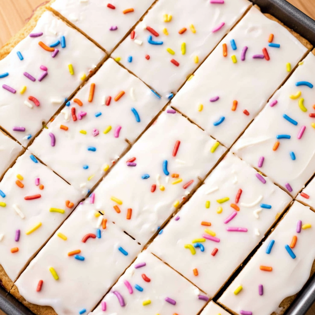 Golden Pop Tart cookie bars stacked with colorful frosting drizzle and sprinkles, styled as an irresistible dessert centerpiece.