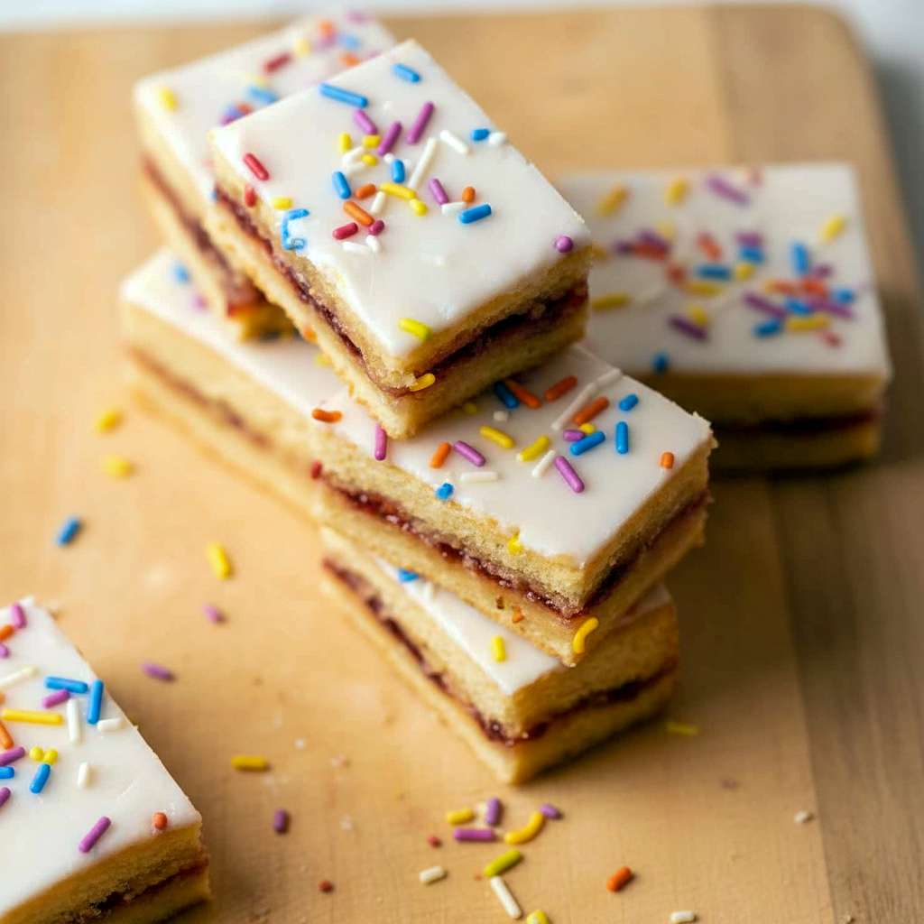 Golden Pop Tart cookie bars stacked with colorful frosting drizzle and sprinkles, styled as an irresistible dessert centerpiece.