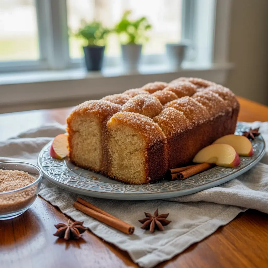Close-up of a golden loaf of Spiced Apple Cider Donut Loaf With Cinnamon Sugar Crust, sliced to show the soft, moist texture and cinnamon sugar topping — looks like fall-inspired Apple Cider Donuts and cozy Cinnamon Bread, perfect as Dessert Bread or Little Lunch.