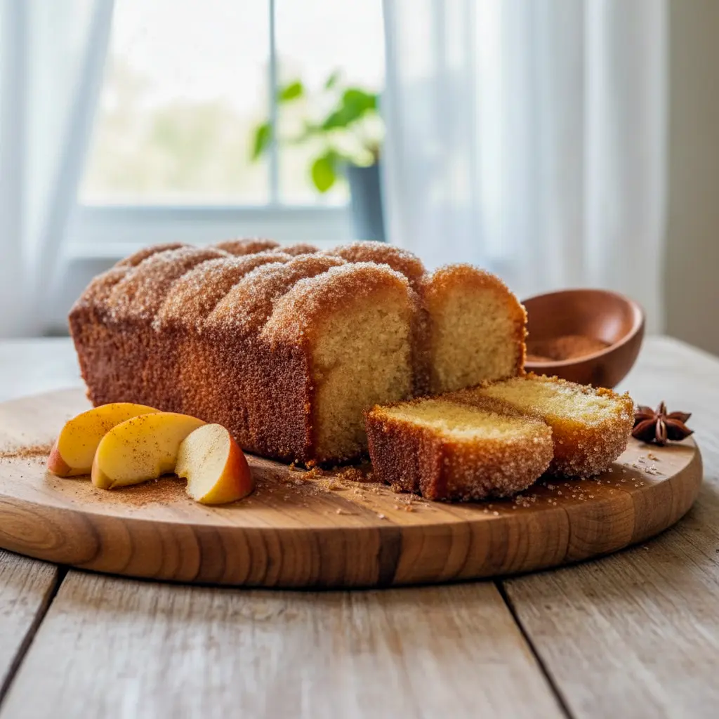 Close-up of a golden loaf of Spiced Apple Cider Donut Loaf With Cinnamon Sugar Crust, sliced to show the soft, moist texture and cinnamon sugar topping — looks like fall-inspired Apple Cider Donuts and cozy Cinnamon Bread, perfect as Dessert Bread or Little Lunch.