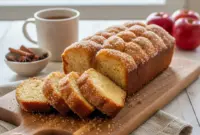 Close-up of a golden loaf of Spiced Apple Cider Donut Loaf With Cinnamon Sugar Crust, sliced to show the soft, moist texture and cinnamon sugar topping — looks like fall-inspired Apple Cider Donuts and cozy Cinnamon Bread, perfect as Dessert Bread or Little Lunch.