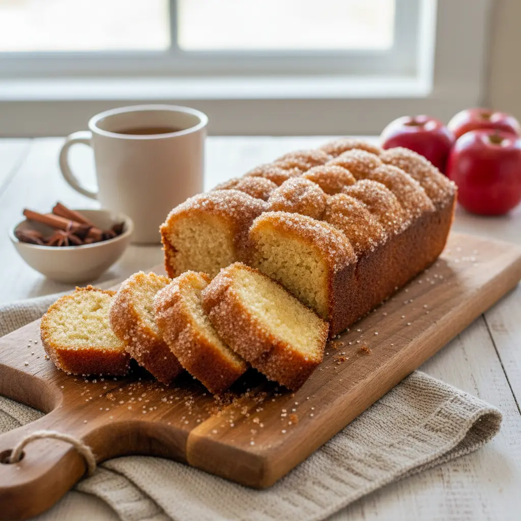 Close-up of a golden loaf of Spiced Apple Cider Donut Loaf With Cinnamon Sugar Crust, sliced to show the soft, moist texture and cinnamon sugar topping — looks like fall-inspired Apple Cider Donuts and cozy Cinnamon Bread, perfect as Dessert Bread or Little Lunch.