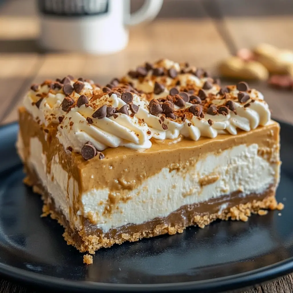 A creamy slice of No Bake Peanut Butter Treat with a buttery graham crust, topped with peanut butter cheesecake filling — the perfect Dessert For After Dinner and one of the most Easy Delicious Holiday Desserts to enjoy chilled from your Refrigerator Dessert Recipes collection.