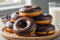 Overhead shot of chocolate baked donuts cooling on a rack, coated in a light glaze, showcasing a high-protein donut recipe made with chocolate protein powder.