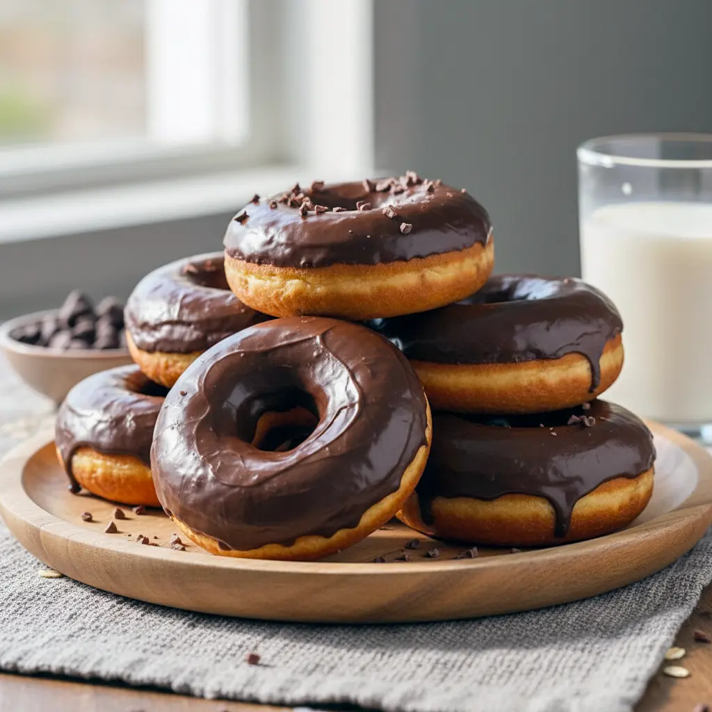 Overhead shot of chocolate baked donuts cooling on a rack, coated in a light glaze, showcasing a high-protein donut recipe made with chocolate protein powder.