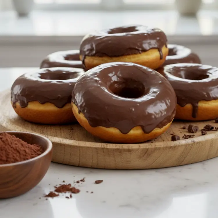 Overhead shot of chocolate baked donuts cooling on a rack, coated in a light glaze, showcasing a high-protein donut recipe made with chocolate protein powder.
