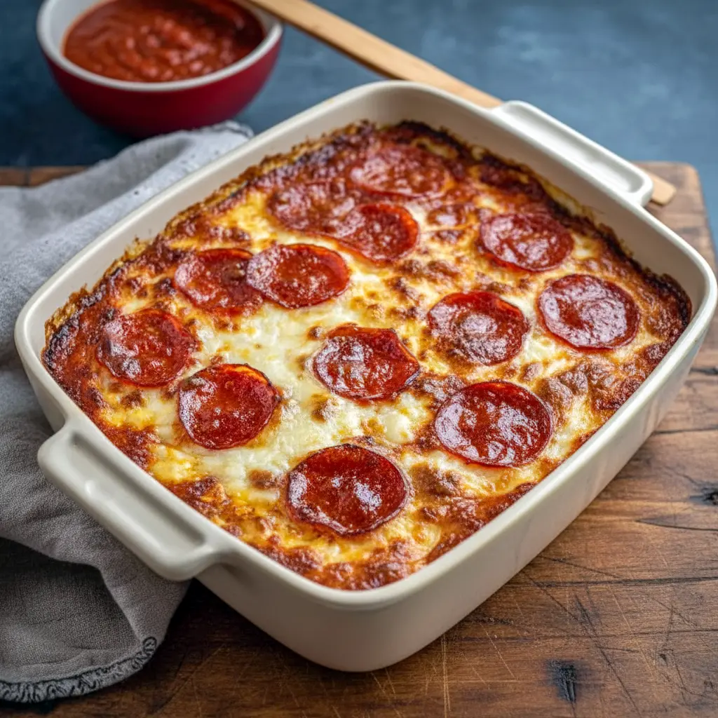 Close-up shot of a golden, bubbly baked cottage cheese casserole topped with mini pepperoni slices, cut into squares and served in a baking dish — looks like pizza but made as a high-protein, low-carb dinner.