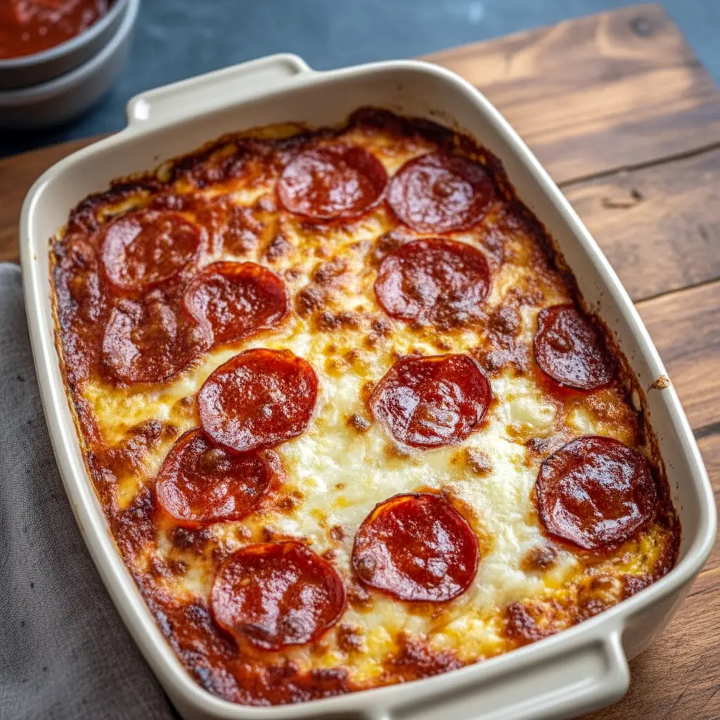 Close-up shot of a golden, bubbly baked cottage cheese casserole topped with mini pepperoni slices, cut into squares and served in a baking dish — looks like pizza but made as a high-protein, low-carb dinner.