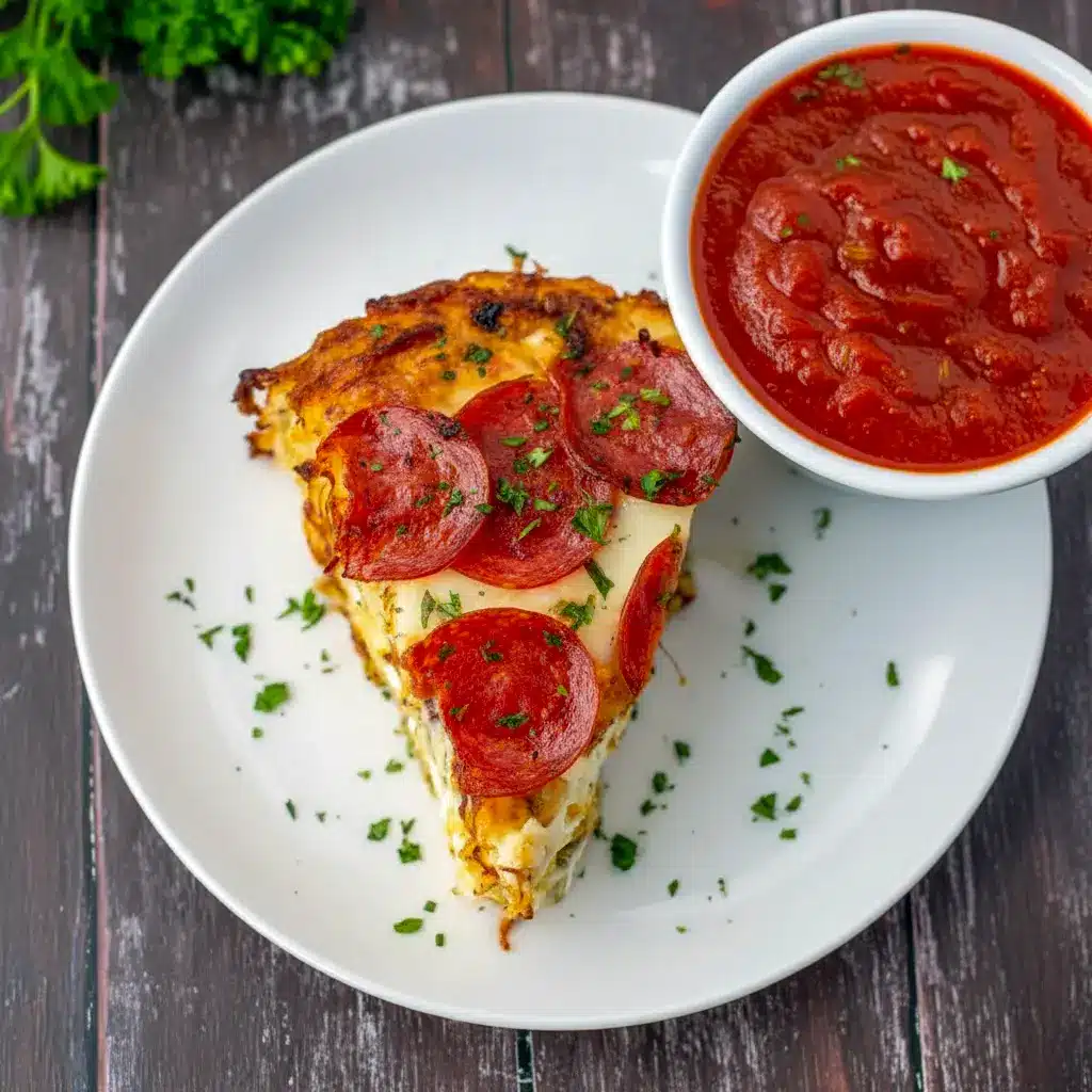 Close-up shot of a golden, bubbly baked cottage cheese casserole topped with mini pepperoni slices, cut into squares and served in a baking dish — looks like pizza but made as a high-protein, low-carb dinner.