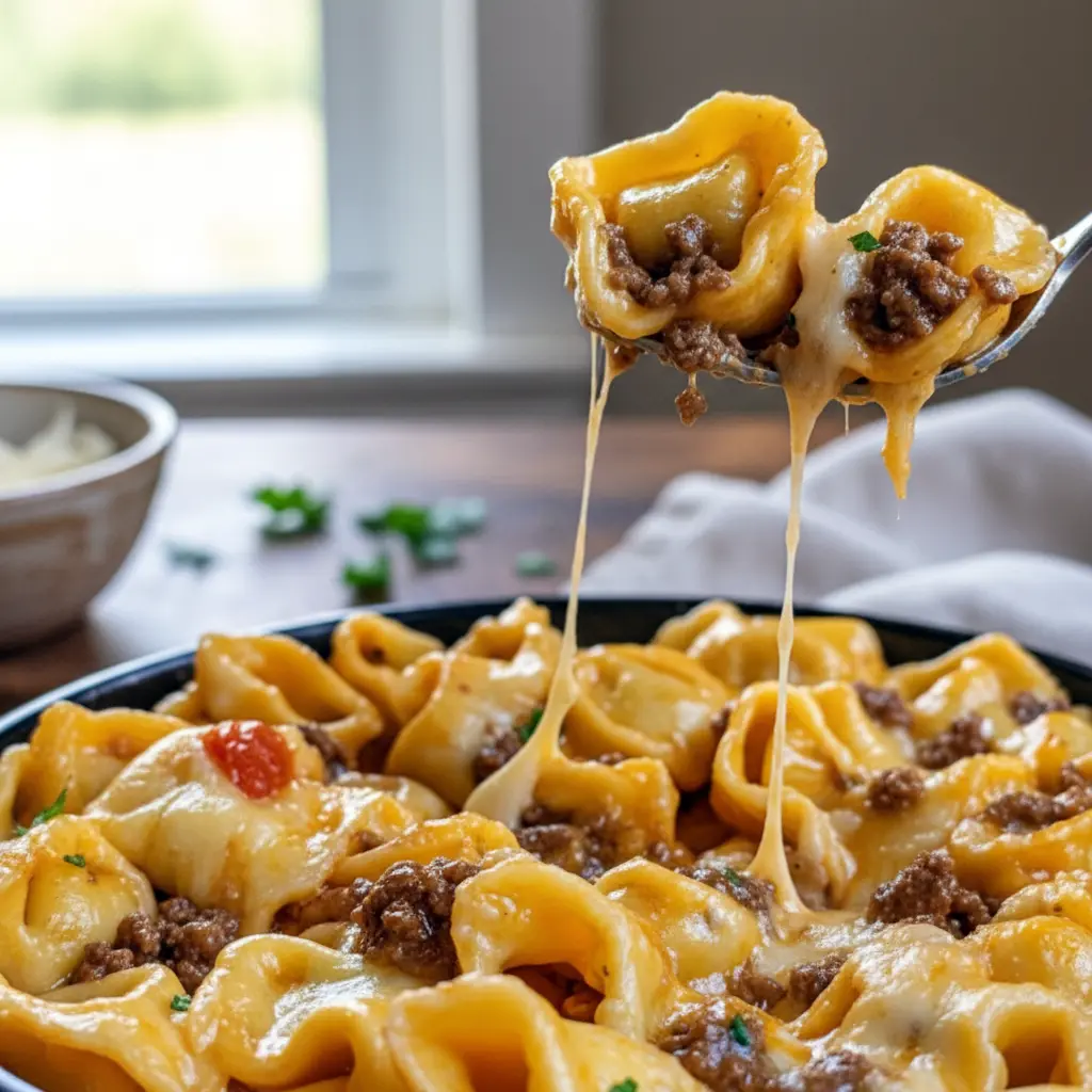 A one-pan creamy cheesesteak pasta skillet featuring Tortellini Recipes cooked Al Dente with sliced beef, peppers, and melted Provolone. A rich, cozy option for Pasta Dinners, Beef Dishes, Beef Casserole Recipes, and Pasta Dinner Recipes, perfect as an easy Main Dish Recipes idea with golden, cheesy tortellini close-up.