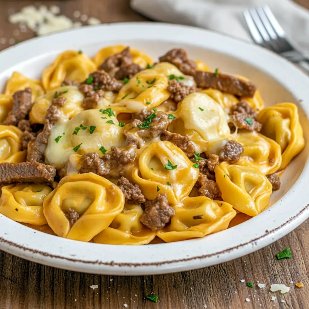 A one-pan creamy cheesesteak pasta skillet featuring Tortellini Recipes cooked Al Dente with sliced beef, peppers, and melted Provolone. A rich, cozy option for Pasta Dinners, Beef Dishes, Beef Casserole Recipes, and Pasta Dinner Recipes, perfect as an easy Main Dish Recipes idea with golden, cheesy tortellini close-up.
