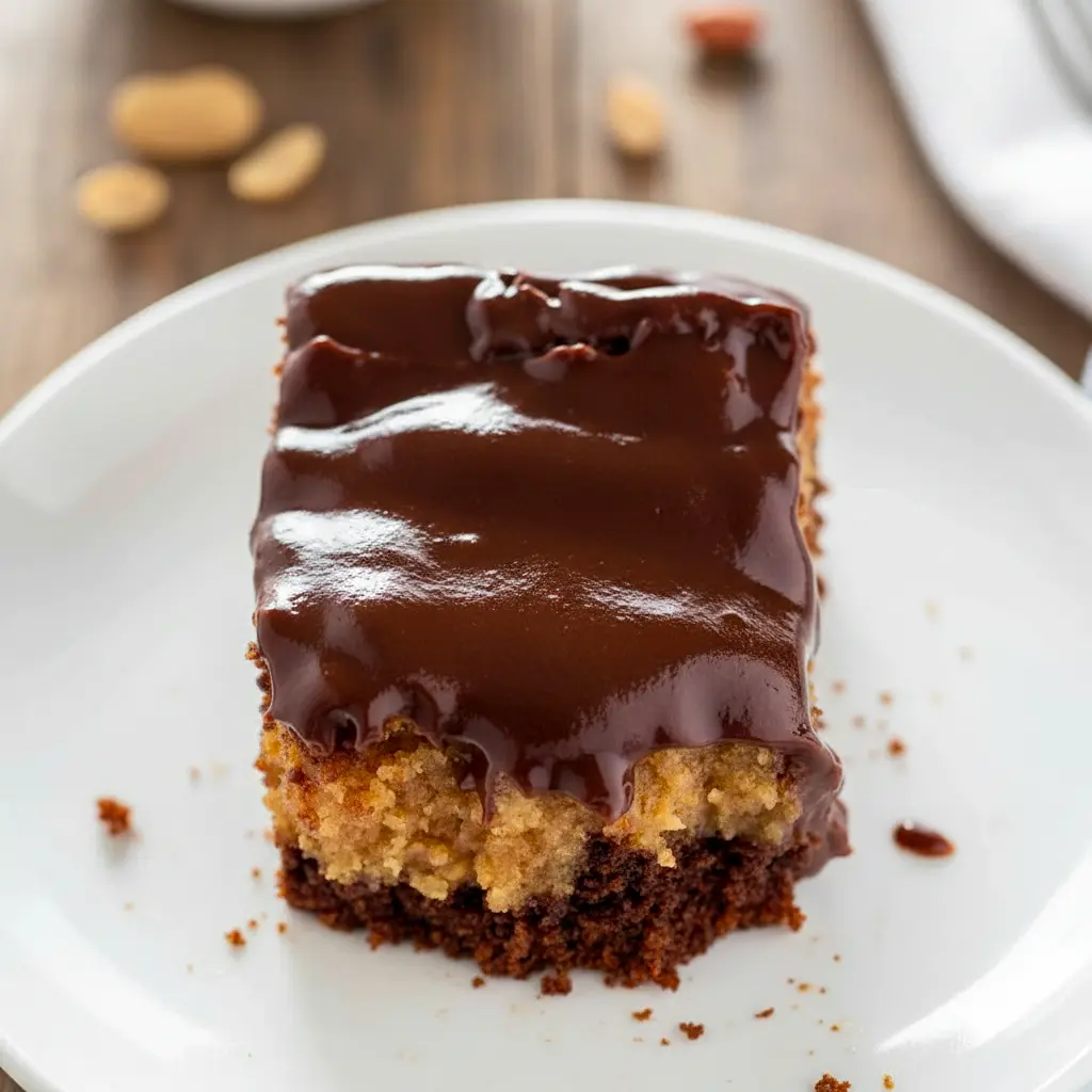 A rich Ooey Gooey Cake topped with glossy ganache, blending chocolate and peanut butter layers in the ultimate Chocolate Peanut Butter Desserts masterpiece.