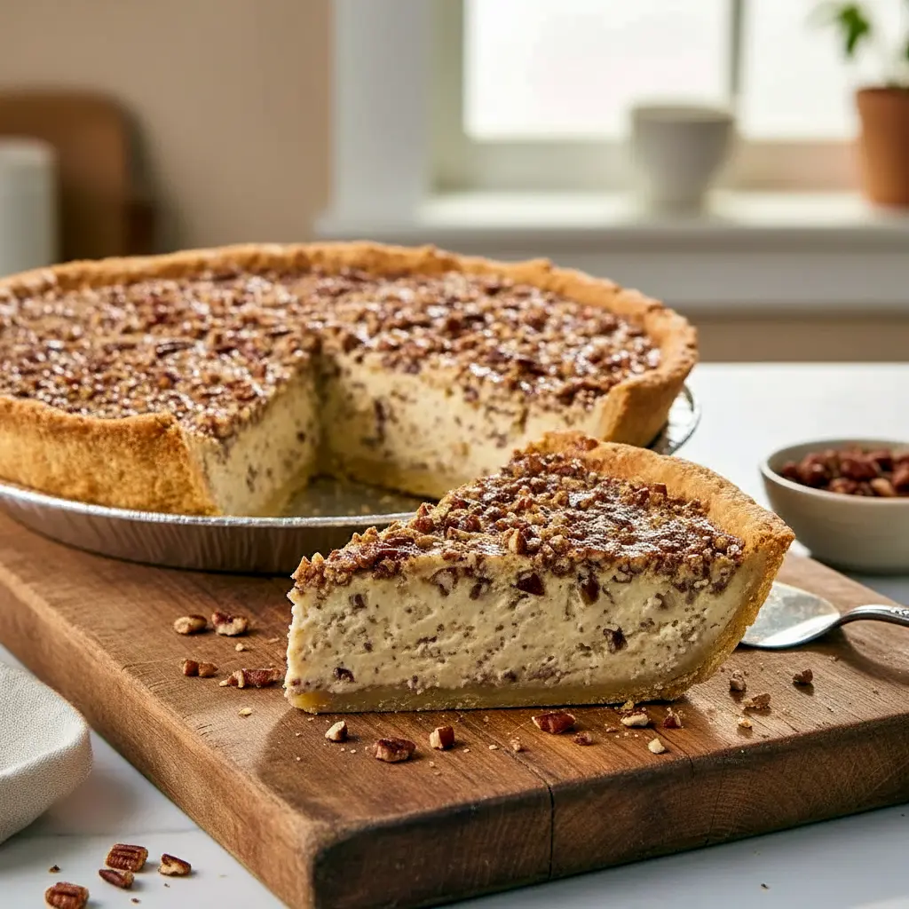A creamy Pecan Crust Pie topped with toasted pecans and caramel drizzle, perfect for Fall Cream Pie Recipes or a cozy Praline Pie Recipe dessert.