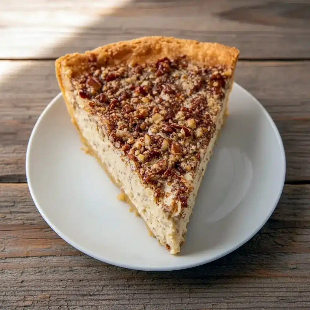 A creamy Pecan Crust Pie topped with toasted pecans and caramel drizzle, perfect for Fall Cream Pie Recipes or a cozy Praline Pie Recipe dessert.