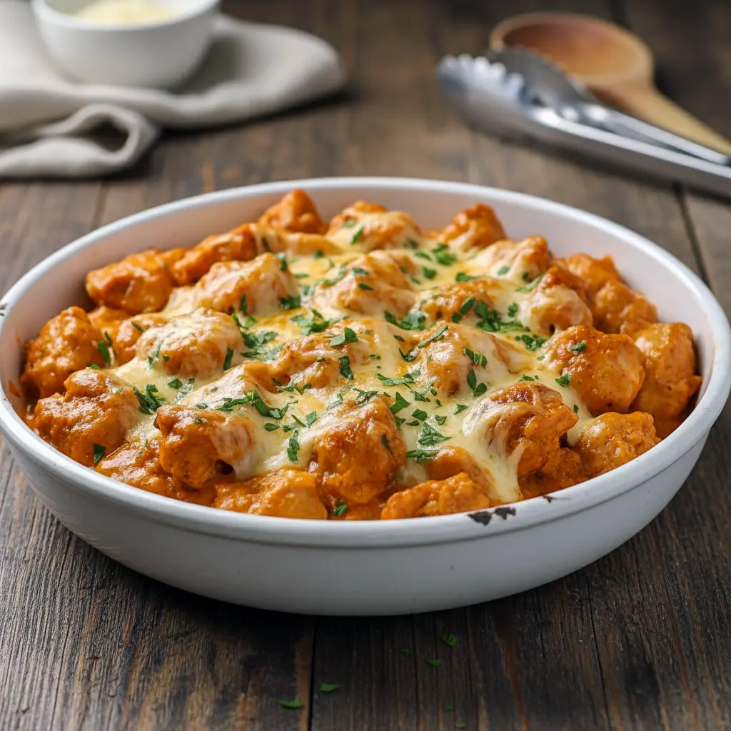 Golden cheesy chicken pieces layered over crispy roasted potatoes in a creamy garlic sauce, served hot in a rustic pan for a hearty, satisfying dinner.