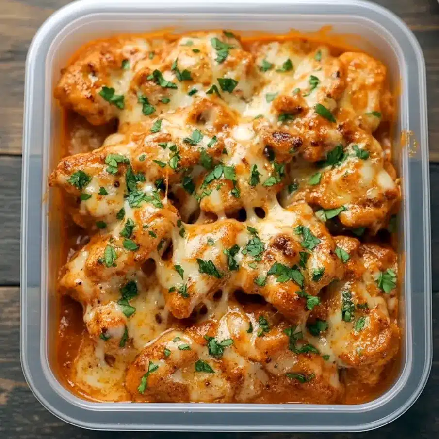 Golden cheesy chicken pieces layered over crispy roasted potatoes in a creamy garlic sauce, served hot in a rustic pan for a hearty, satisfying dinner.