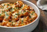 Power-Packed High Protein Cheesy Chicken & Potatoes for Yummy Healthy Dinners3 Golden cheesy chicken pieces layered over crispy roasted potatoes in a creamy garlic sauce, served hot in a rustic pan for a hearty, satisfying dinner.