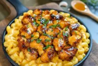 Creamy chicken mac and cheese served in a cozy bowl showcasing a rich, cheesy finish perfect for high-protein comfort food lovers.