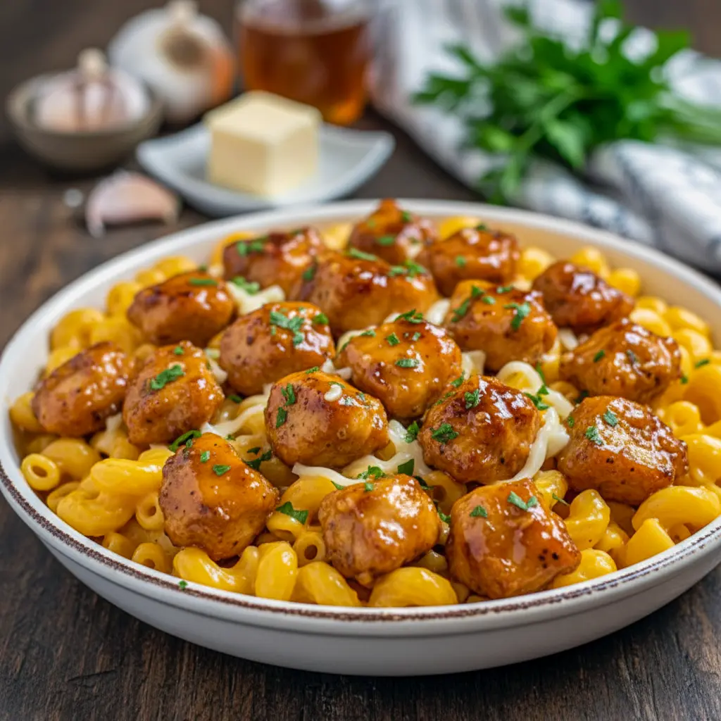 Creamy chicken mac and cheese served in a cozy bowl showcasing a rich, cheesy finish perfect for high-protein comfort food lovers.