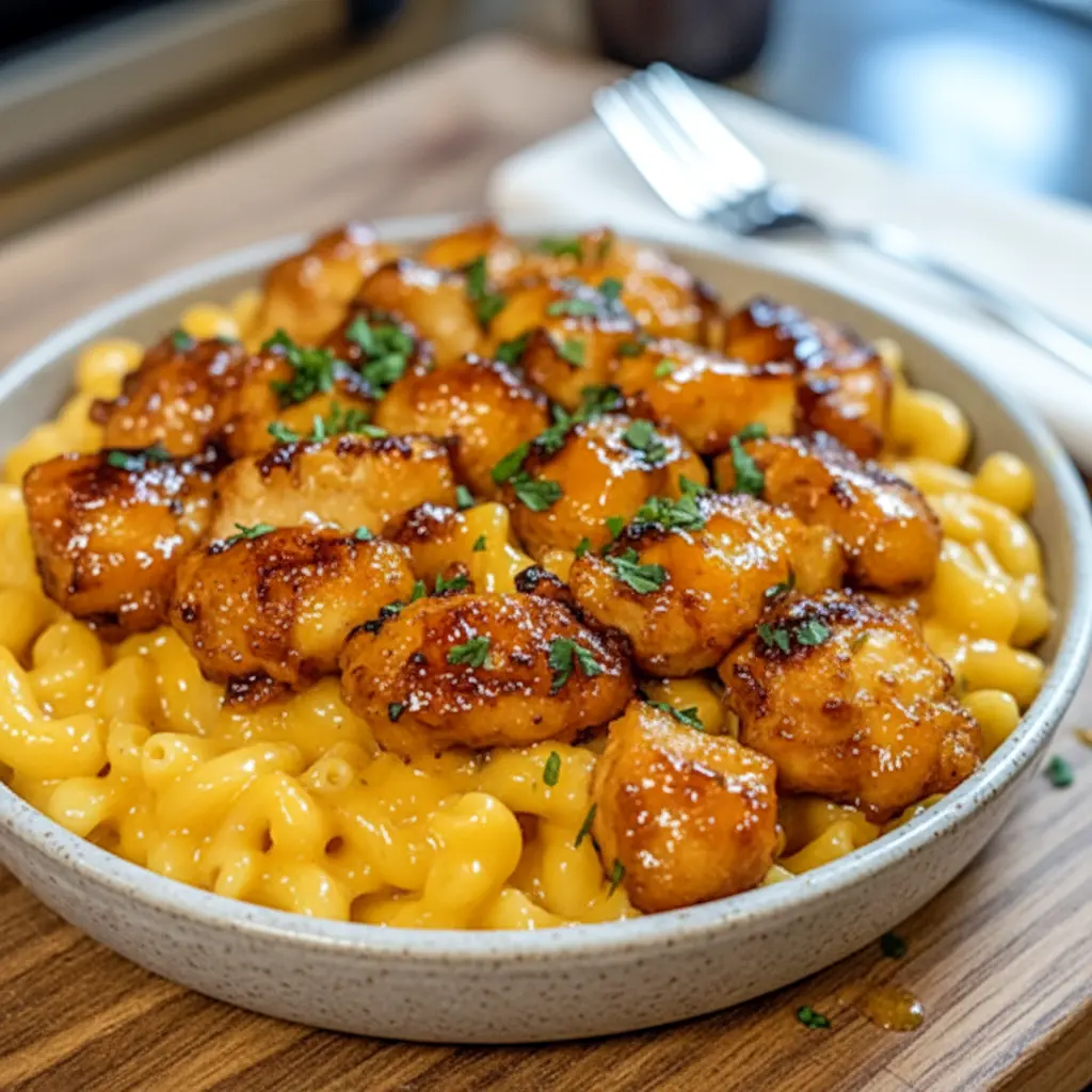 Creamy chicken mac and cheese served in a cozy bowl showcasing a rich, cheesy finish perfect for high-protein comfort food lovers.