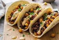 Close-up of garlic butter honey chicken tacos sizzling fresh off the grill, styled as Best At Home Meals and perfect for anyone searching for Dinner Recipes Bbq Chicken, Quick And Easy Dinner Recipes On The Go, and creative Family Barbecue Ideas with a deliciously modern twist.