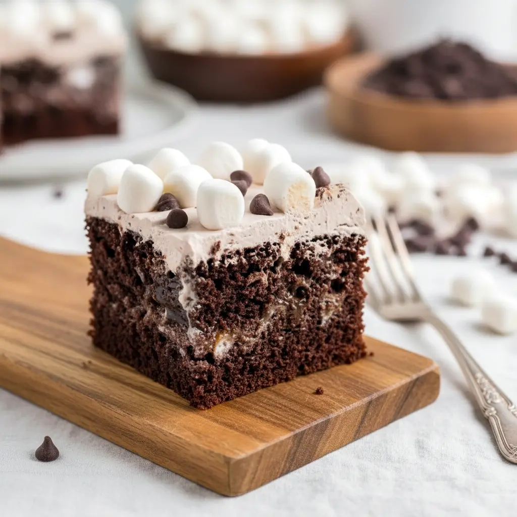 Rich hot cocoa poke cake topped with fluffy whipped chocolate frosting, melted marshmallows, and chocolate chips, served on a festive holiday dessert table.
