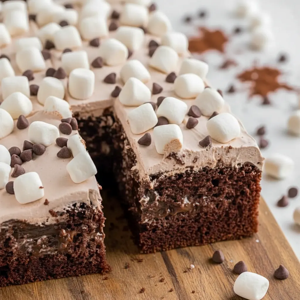 Rich hot cocoa poke cake topped with fluffy whipped chocolate frosting, melted marshmallows, and chocolate chips, served on a festive holiday dessert table.