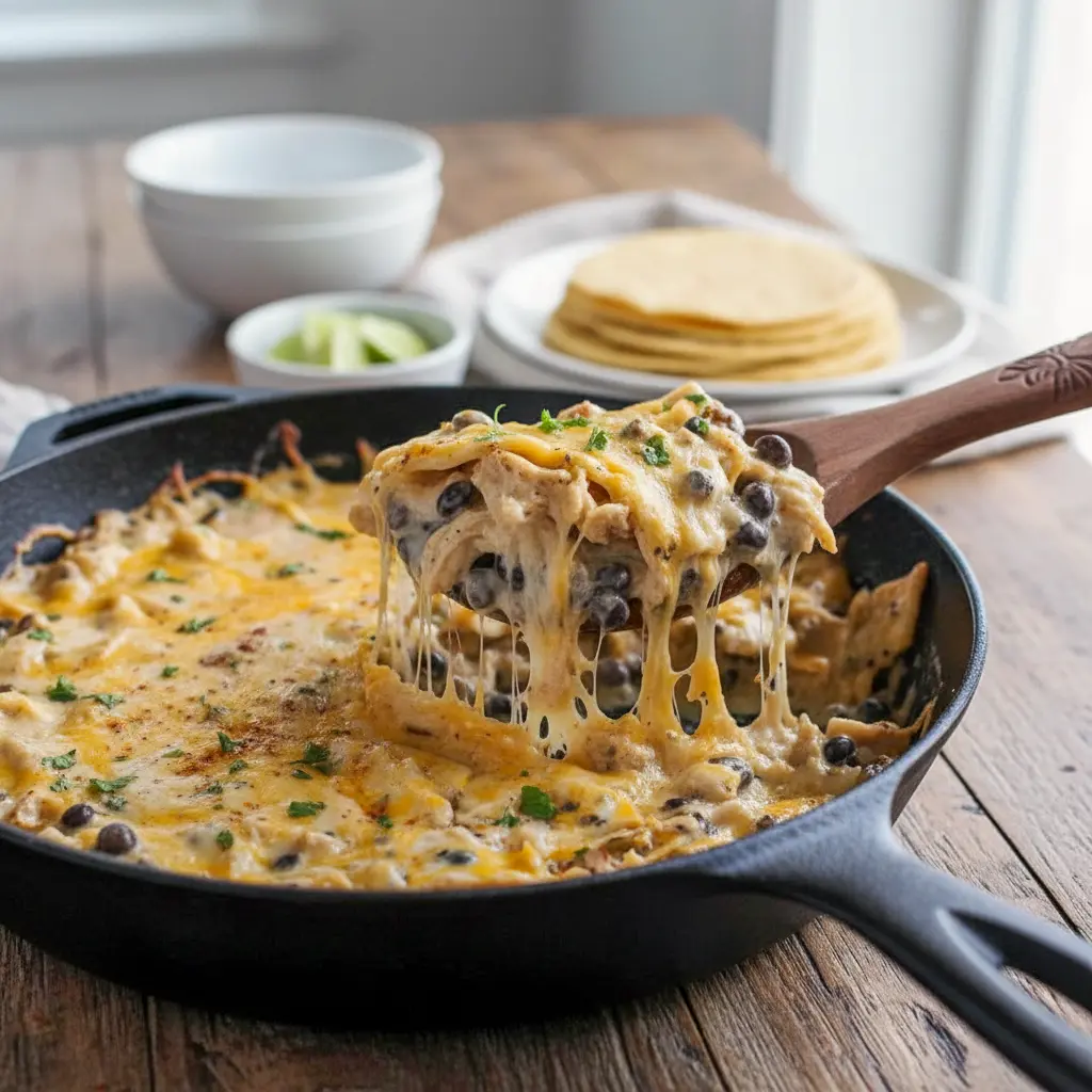 Creamy skillet dinner featuring shredded chicken, tortillas, and melted cheese inspired by Quick Chicken Enchilada Skillet and Healthy Sour Cream Chicken Enchiladas, perfect for fans of Rotisserie Chicken Skillet Recipes and easy weeknight meals.