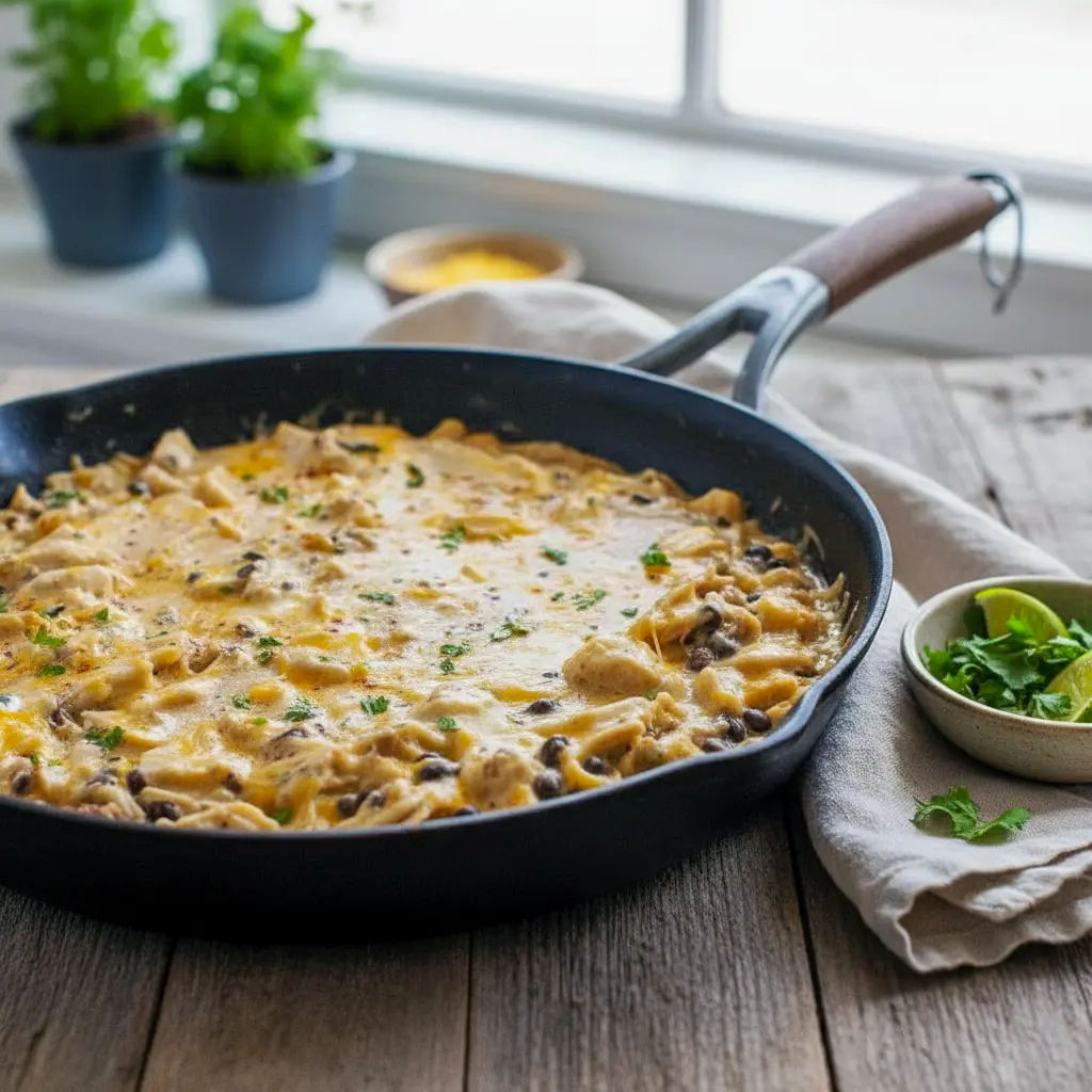 Creamy skillet dinner featuring shredded chicken, tortillas, and melted cheese inspired by Quick Chicken Enchilada Skillet and Healthy Sour Cream Chicken Enchiladas, perfect for fans of Rotisserie Chicken Skillet Recipes and easy weeknight meals.