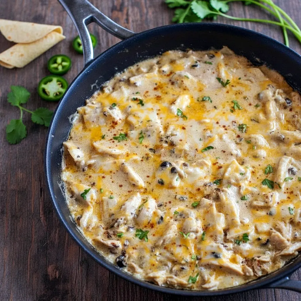 Creamy skillet dinner featuring shredded chicken, tortillas, and melted cheese inspired by Quick Chicken Enchilada Skillet and Healthy Sour Cream Chicken Enchiladas, perfect for fans of Rotisserie Chicken Skillet Recipes and easy weeknight meals.