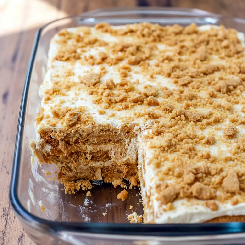 A creamy peanut butter ice box cake layered with peanut butter cookies and fluffy whipped topping, chilled to perfection for an easy, no-bake holiday dessert.