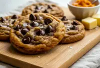 Pumpkin Butter Chocolate Chip Cookies – Buttery, Spiced & Irresistible!1 Close-up of chewy Pumpkin Brown Sugar Chocolate Chip Cookies with melted chocolate chips, showing their soft, golden texture — a cozy Pumpkin Butter Dessert Recipe perfect for fall.