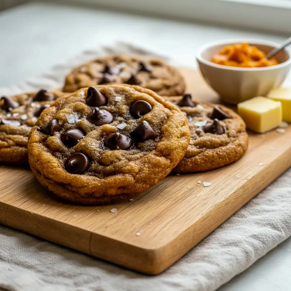 Close-up of chewy Pumpkin Brown Sugar Chocolate Chip Cookies with melted chocolate chips, showing their soft, golden texture — a cozy Pumpkin Butter Dessert Recipe perfect for fall.
