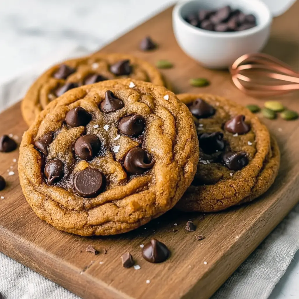 Close-up of chewy Pumpkin Brown Sugar Chocolate Chip Cookies with melted chocolate chips, showing their soft, golden texture — a cozy Pumpkin Butter Dessert Recipe perfect for fall.