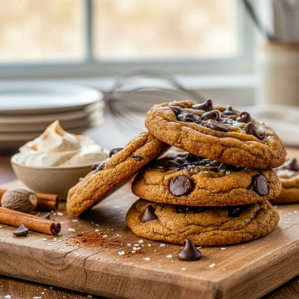 Close-up of chewy Pumpkin Brown Sugar Chocolate Chip Cookies with melted chocolate chips, showing their soft, golden texture — a cozy Pumpkin Butter Dessert Recipe perfect for fall.