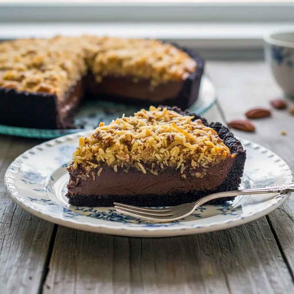 Slice of rich no-bake German chocolate pie with creamy chocolate filling, toasted coconut-pecan topping, and a dark Oreo cookie crust on a plate.