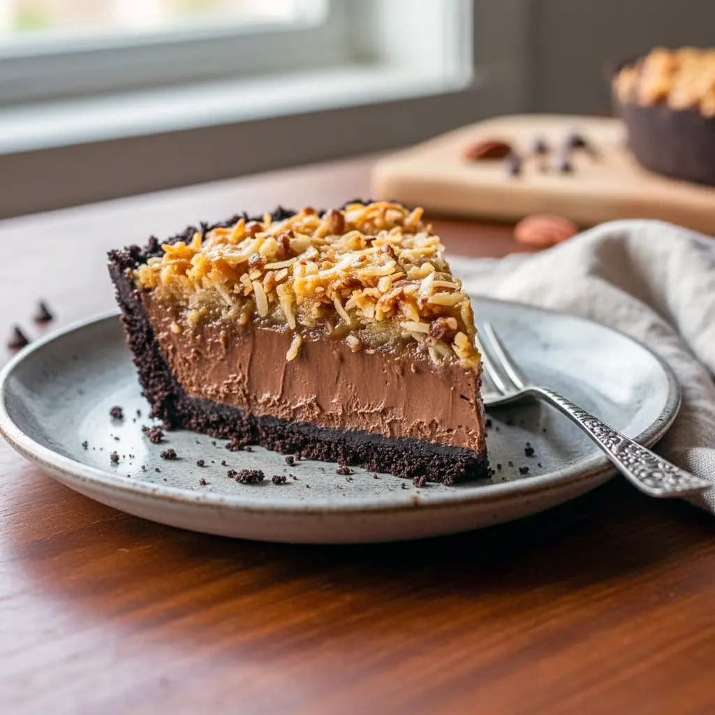 Slice of rich no-bake German chocolate pie with creamy chocolate filling, toasted coconut-pecan topping, and a dark Oreo cookie crust on a plate.