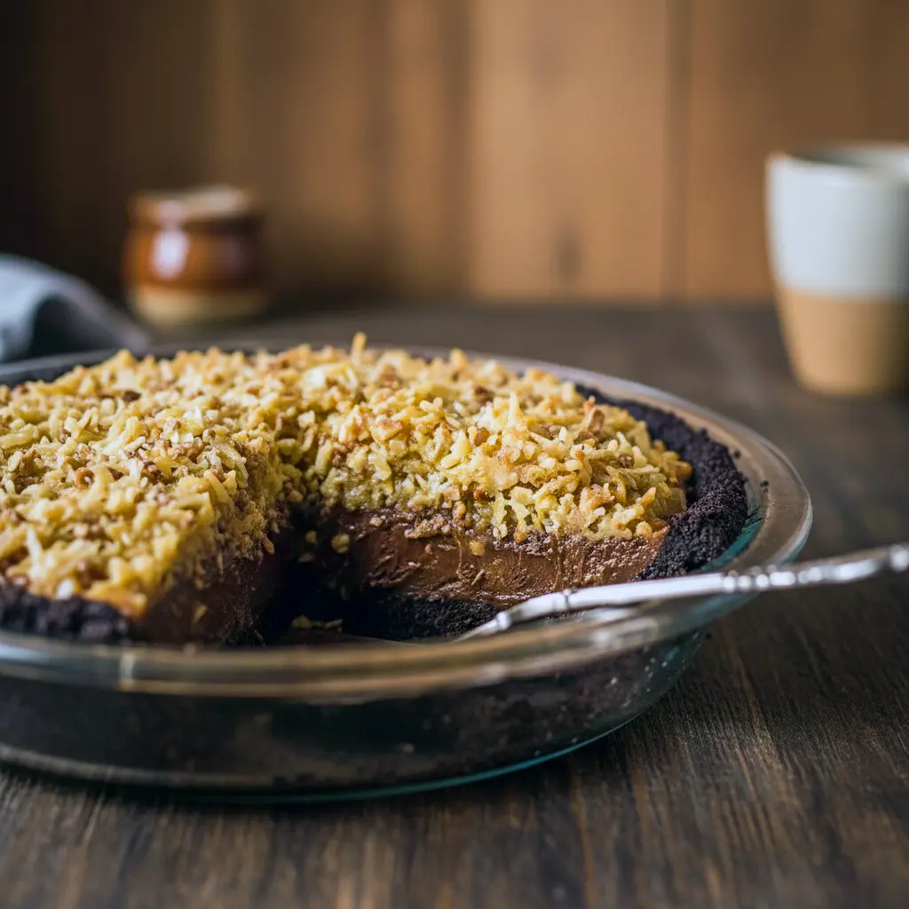 Slice of rich no-bake German chocolate pie with creamy chocolate filling, toasted coconut-pecan topping, and a dark Oreo cookie crust on a plate.