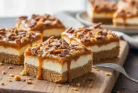 Close-up of decadent Butterfinger Caramel Bars No Bake featuring gooey Recipes With Caramel Bits, crispy Brickle Bars texture, and rich chocolate drizzle—an Easy Dessert For Party from the Unique Bar Recipes collection.