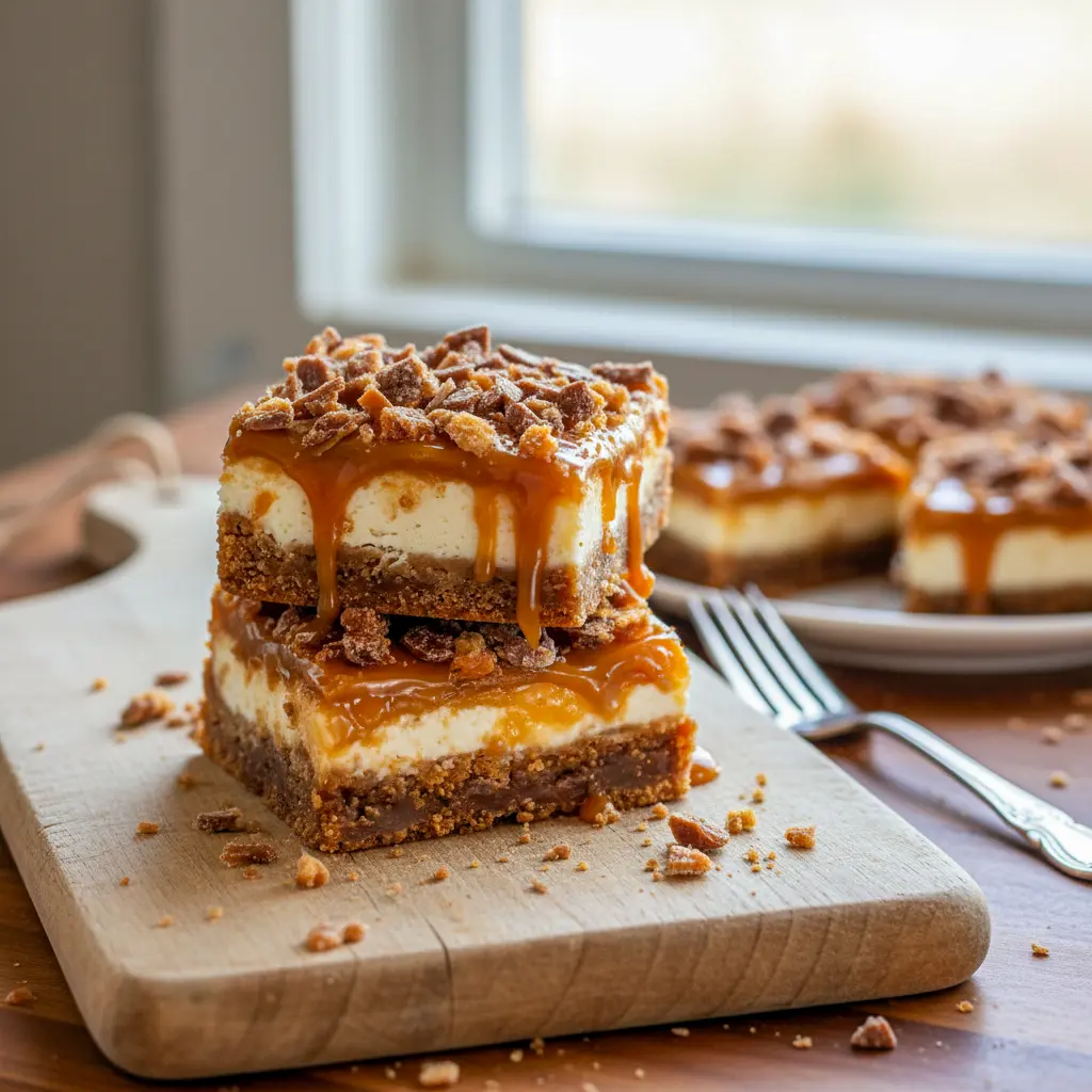 Close-up of decadent Butterfinger Caramel Bars No Bake featuring gooey Recipes With Caramel Bits, crispy Brickle Bars texture, and rich chocolate drizzle—an Easy Dessert For Party from the Unique Bar Recipes collection.
