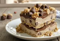Stacked Reeses Peanut Butter Dessert Recipes with chocolate topping and creamy peanut butter base, easy Peanut Butter Cup Bars perfect for gifting or snacking.
