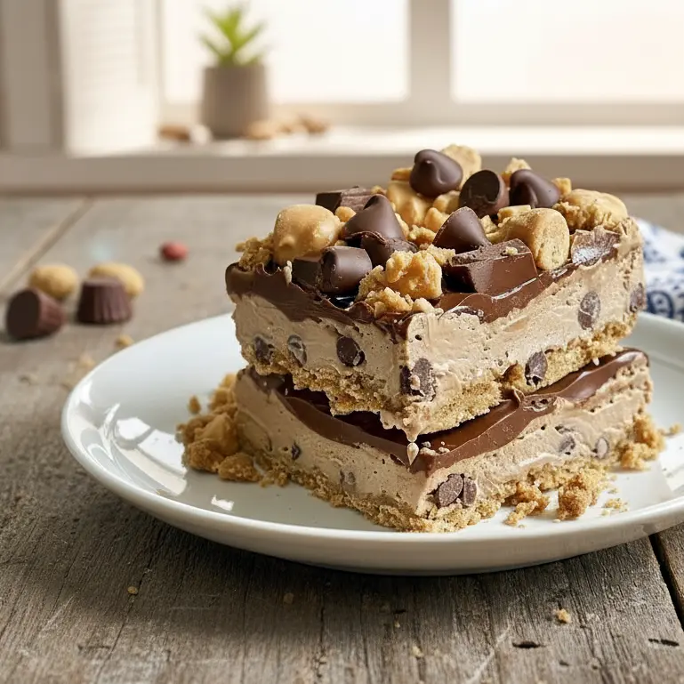 Stacked Reeses Peanut Butter Dessert Recipes with chocolate topping and creamy peanut butter base, easy Peanut Butter Cup Bars perfect for gifting or snacking.