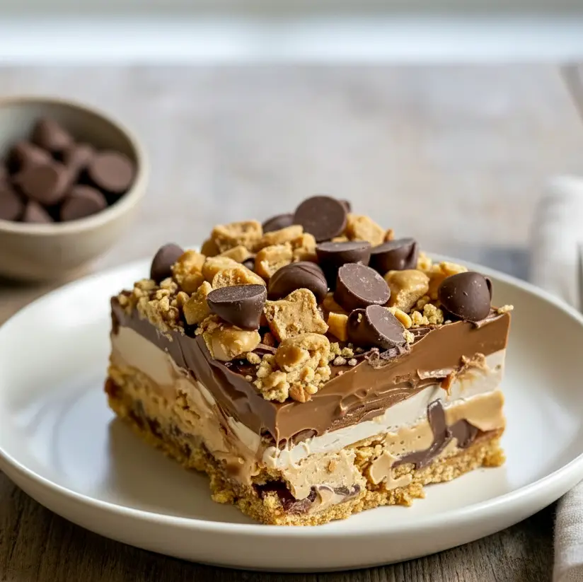 Stacked Reeses Peanut Butter Dessert Recipes with chocolate topping and creamy peanut butter base, easy Peanut Butter Cup Bars perfect for gifting or snacking.