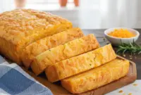 Savoury Bread Recipes – Cheddar Cheese Bread Loaf with Old-School Flavor!2 Golden Easy Bread Loaf filled with melted cheddar cheese, inspired by Savoury Bread Recipes and Retro Recipes 1970s, sliced on a wooden board for a cozy homemade vibe.