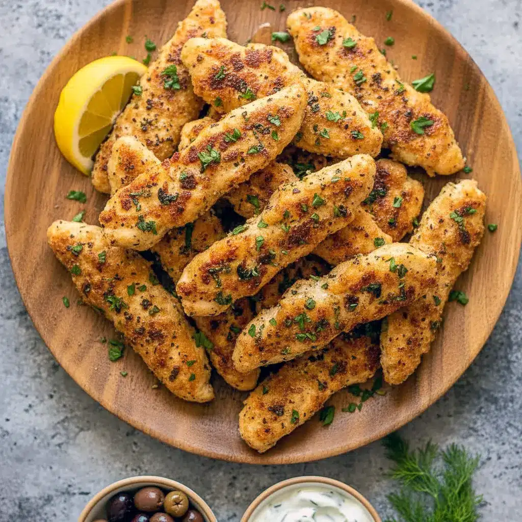 Greek-marinated chicken tenderloins grilled to golden perfection and served with lemon wedges and fresh herbs.